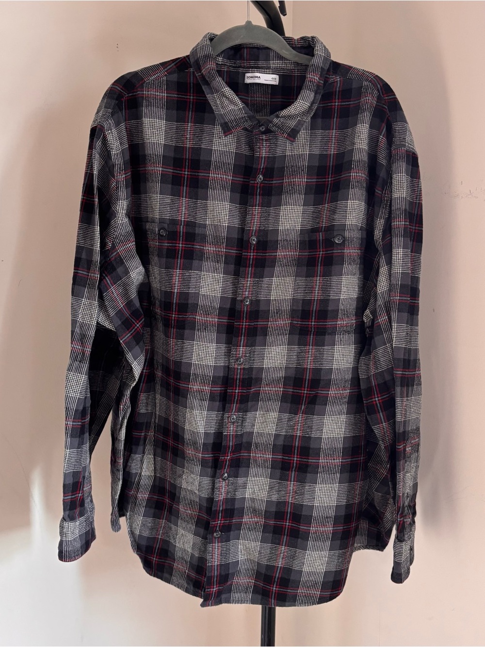 Sonoma Men's Black, Gray & Red Plaid Button-Down Shirt